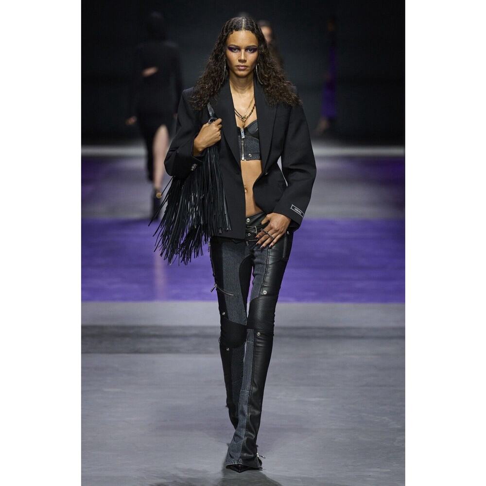 Versace Runway Black Leather Denim Size 40 US 4 Flared Pants Belted NWT $4875